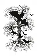 Long bulky leafless tree surrounded by fog and bats tattoo design idea