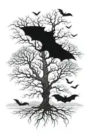 Long bulky leafless tree surrounded by fog and bats tattoo design idea