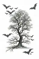 Long bulky leafless tree surrounded by fog and bats tattoo design idea