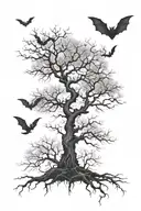Long bulky leafless tree surrounded by fog and bats tattoo design idea