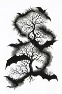 Long leafless tree surrounded by fog and bats tattoo design idea