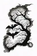 Long leafless tree surrounded by fog and bats tattoo design idea