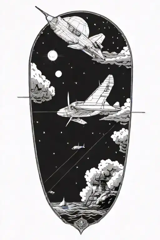 orion the hunter aiming a bow in the sky. Below the sky, a scene of a p-3 aircraft tracking a surfaced submarine  tattoo design idea