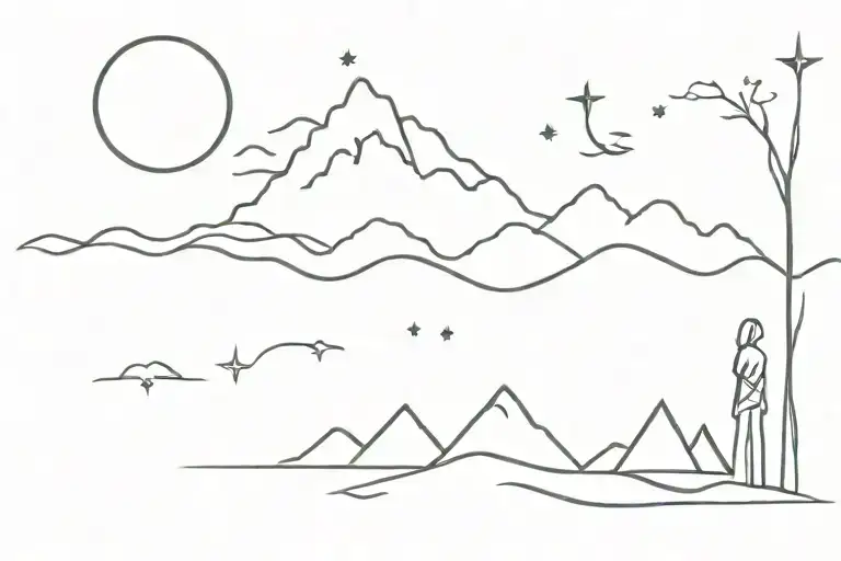 i'm looking for a fine line tattoo that highlights nature including ocean, trees, mountains along with sun, moon & stars tattoo design idea