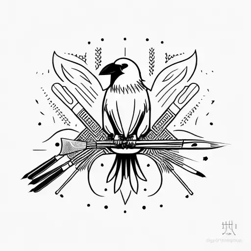 A minimalist tattoo of a crow holding a paintbrush in its beak tattoo design idea