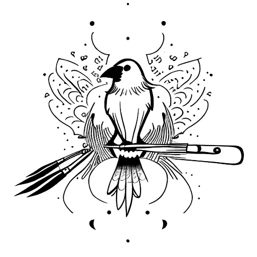 A minimalist tattoo of a crow holding a paintbrush in its beak tattoo design idea