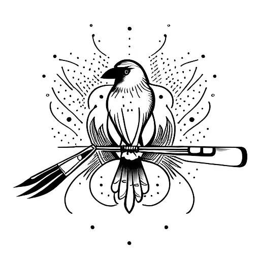 A minimalist tattoo of a crow holding a paintbrush in its beak tattoo design idea