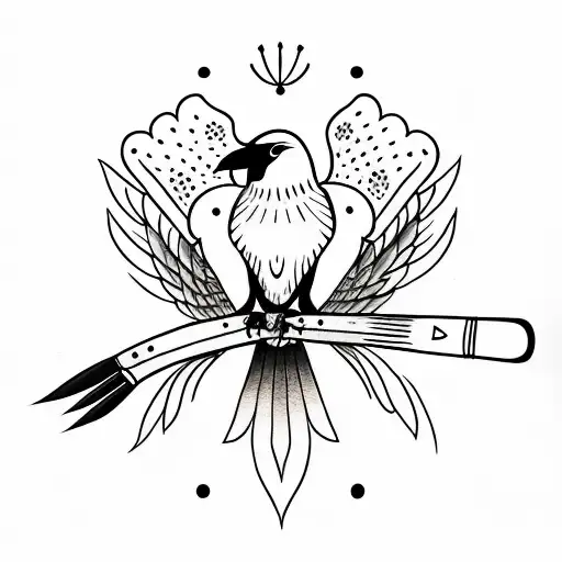 A minimalist tattoo of a crow holding a paintbrush in its beak tattoo design idea