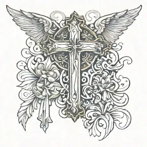 wooden  cross, two angel wings, number 222 tattoo design idea