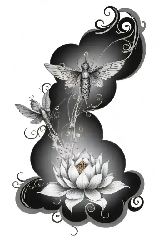 A celestial design featuring angel wings intertwined with intricate patterns of lotus flowers and dragonflies tattoo design idea