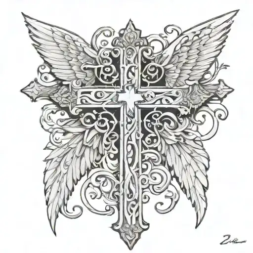 wooden  cross, curved  angel wings, number 222 tattoo design idea