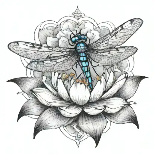 A majestic dragonfly emerging from a lotus flower, symbolizing rebirth and new beginnings tattoo design idea