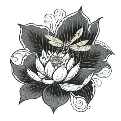 black and white lotus wi th a dragonfly tattoo design idea
