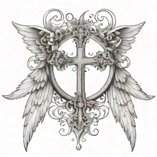 cross, 2  angel wings, 222 numbers tattoo design idea