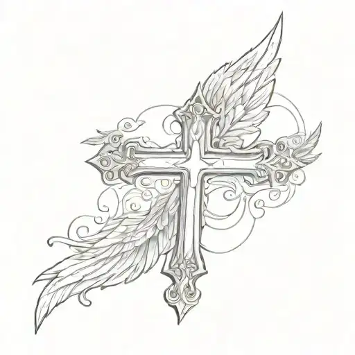 wooden  cross, two angel wings, number 222 tattoo design idea