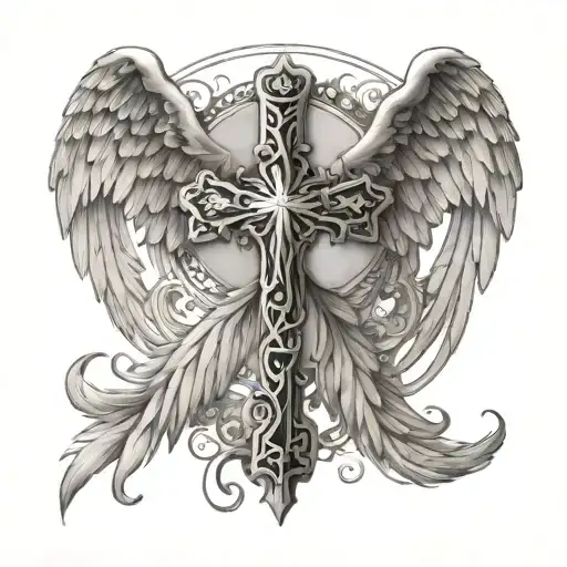 cross, angel wings, 222 numbers tattoo design idea