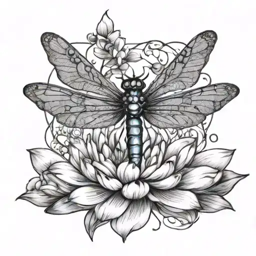 A majestic dragonfly emerging from a lotus flower, symbolizing rebirth and new beginnings tattoo design idea