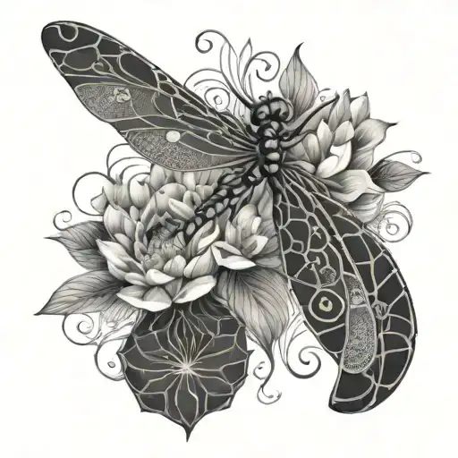 A dragonfly with intricate patterns on its wings, surrounded by lotus flowers blooming underwater, symbolizing beauty and resilience tattoo design idea