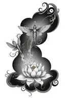 A celestial design featuring angel wings intertwined with intricate patterns of lotus flowers and dragonflies tattoo design idea