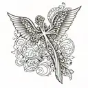simple cross, curved angel wings, number 222 incorporated tattoo design idea