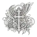 simple cross, curved angel wings, number 222 incorporated tattoo design idea