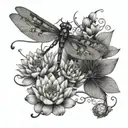 A dragonfly with intricate patterns on its wings, surrounded by lotus flowers blooming underwater, symbolizing beauty and resilience tattoo design idea