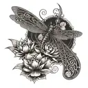 A dragonfly with intricate patterns on its wings, surrounded by lotus flowers blooming underwater, symbolizing beauty and resilience tattoo design idea
