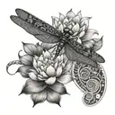 A dragonfly with intricate patterns on its wings, surrounded by lotus flowers blooming underwater, symbolizing beauty and resilience tattoo design idea