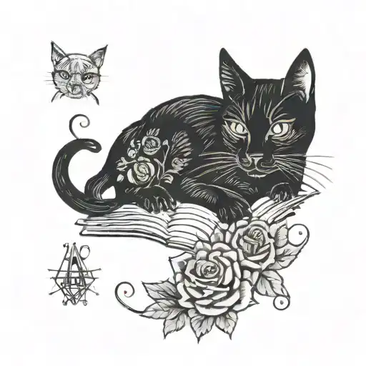 A traditional style tattoo of a black cat surrounded by gothic roses and musical notes, with a subtle mafia book reference hidden in the design tattoo design idea