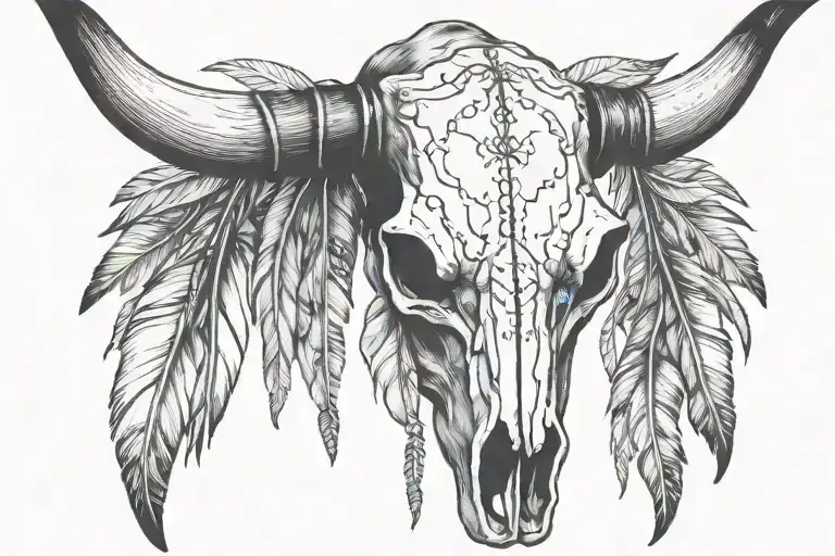 boho longhorn cow skull with feathers hanging tattoo design idea