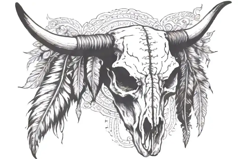boho longhorn cow skull with feathers hanging tattoo design idea