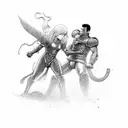 A dynamic action scene featuring Griffith and Guts from Berserk in a black-grey style tattoo design idea