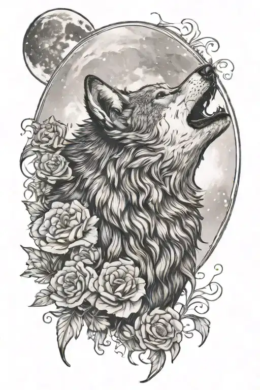 A sketch of a wolf howling at the moon, with carnations blooming in the background, representing the client's love for wolves and flowers tattoo design idea