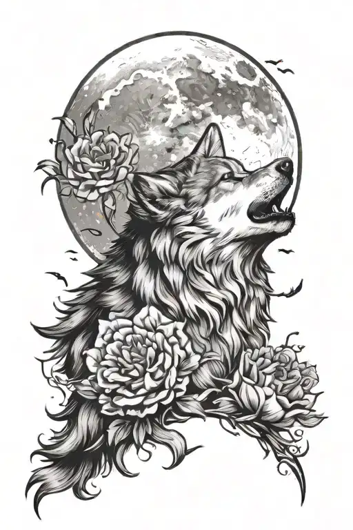 A sketch of a wolf howling at the moon, with carnations blooming in the background, representing the client's love for wolves and flowers tattoo design idea