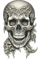skull with deep intricate shading missing one top middle tooth and two bottom teeth, one gold upper canine tattoo design idea