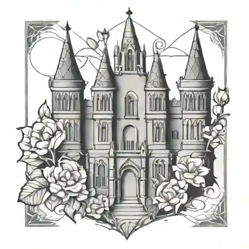 gothic castle with four pillars. flowers going up the four towers.  tattoo design idea