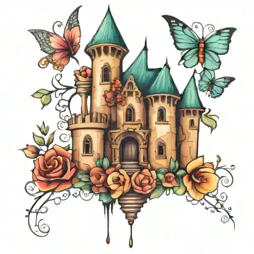 whimsical castle with four pillars. flowers going up the four towers.  tattoo design idea