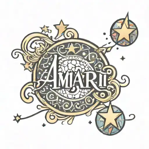 the name AMARi in bubble letters with a star on top of the lett I  tattoo design idea