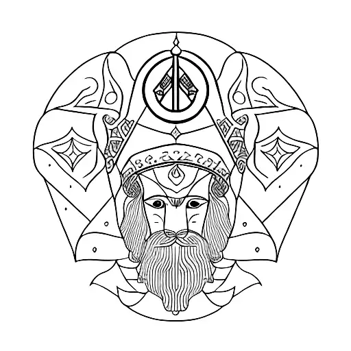 A minimalist tattoo of the Throne of Jamshid, an ancient Persian mythological artifact, with a celestial background. tattoo design idea