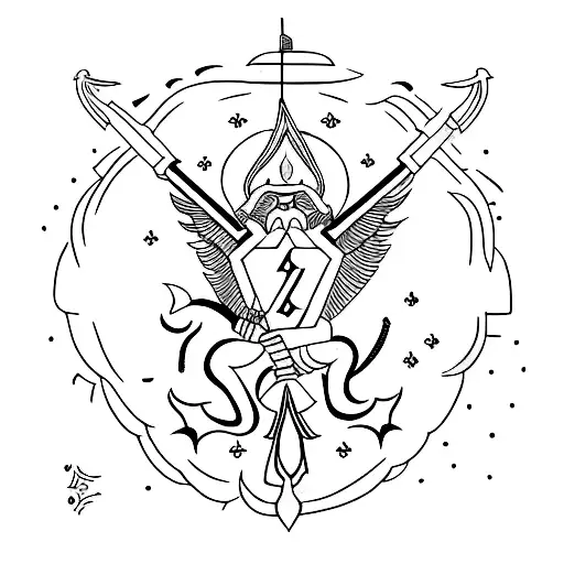 A minimalist tattoo of the Derafsh Kaviani, an ancient Persian flag symbolizing victory and power, combined with astrological symbols. tattoo design idea