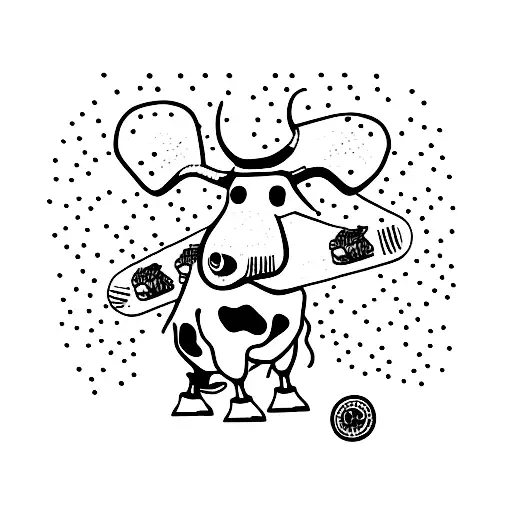 Cow on a snowboard with goggles on tattoo design idea