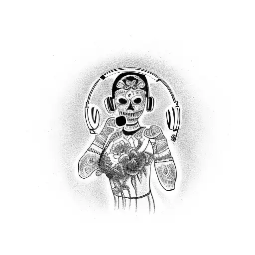A catrina wearing headphones and dancing at a rave party tattoo design idea