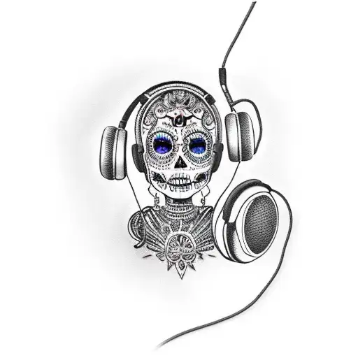 A catrina wearing headphones and dancing at a rave party tattoo design idea