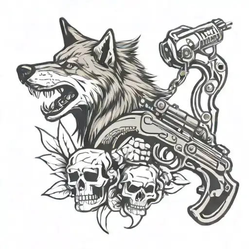 wolf and gun and skull tattoo design idea