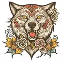 wolf and flower tattoo design idea