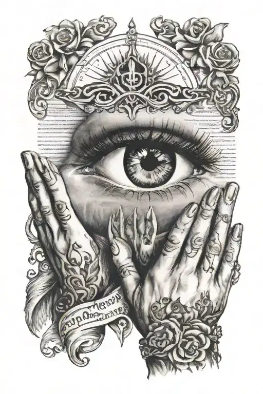Women's eyes looking down on prayer hands bible quote under tattoo design idea