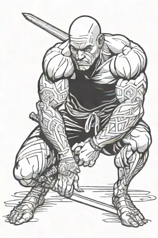 crouching muscular guy with a sword tattoo design idea