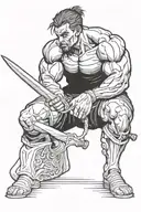 crouching muscular guy with a sword tattoo design idea