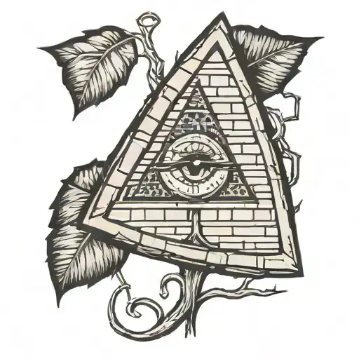 traingle center with bricks tree contours, eye with vein, leaf over,  tattoo design idea
