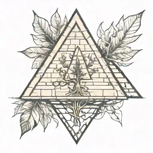traingle center with bricks, traingle with tree contours, eye with vein, leaf over,  tattoo design idea
